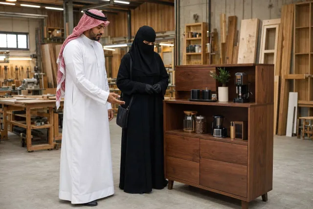 عميل مع الحرفي يفحص قطعة أثاث مفصلة